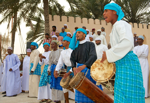 Muscat, Oman - February 1, 2008: Omani musicians providing music for a tribal dance in Muscat, in the Sultanate of Oman.