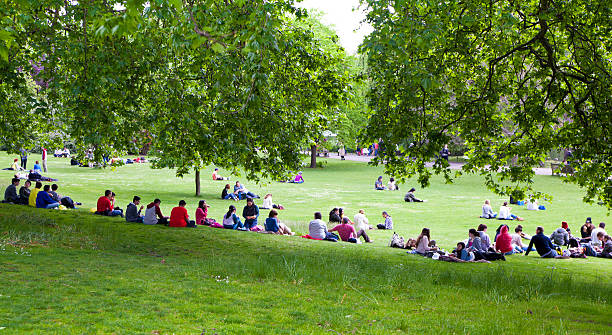 menschen ruhen auf dem gras im st james park, london - pound symbol environment grass currency stock-fotos und bilder