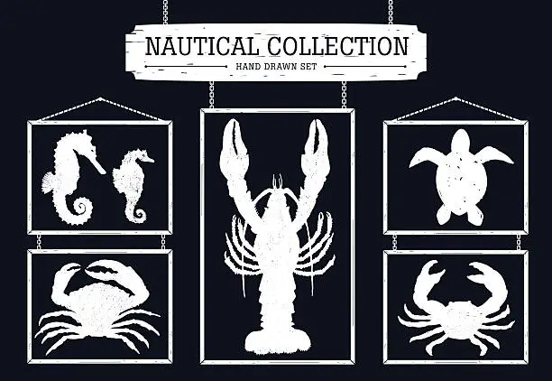Vector illustration of Hand drawn nautical collection on black background.