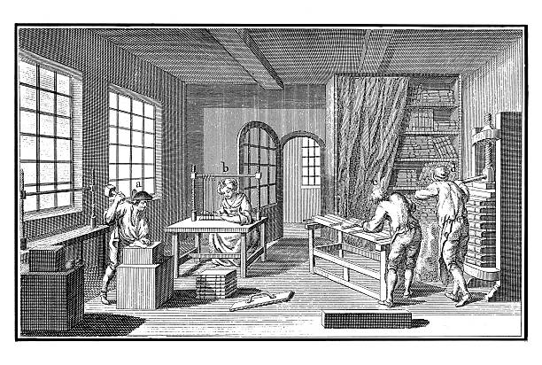 Printing Industry: Bookbinding (antique engraving) 18th century illustration of part of bookbinding process. Published in "L'encyclopedie, ou Dictionnarie Raisonne des Sciences, des Arts et des Metiers" (Diderot, Paris, 1751) book binding illustrations stock illustrations