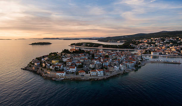 istock Stunning aerial view on Primosten town during the beautiful sunset 537371394