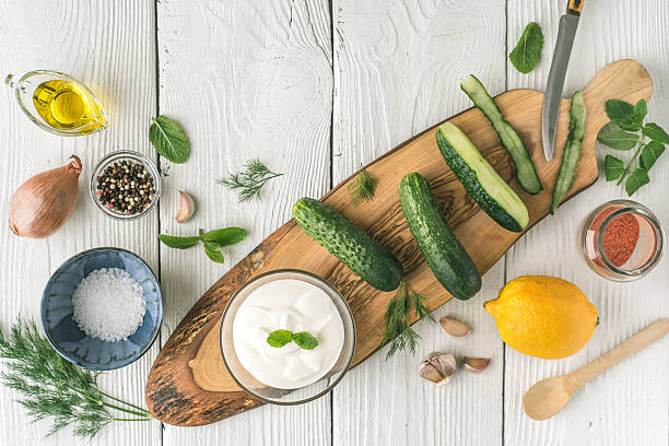 istock Ingredients for tzatziki preparation on the white  table  horizontal 537372254