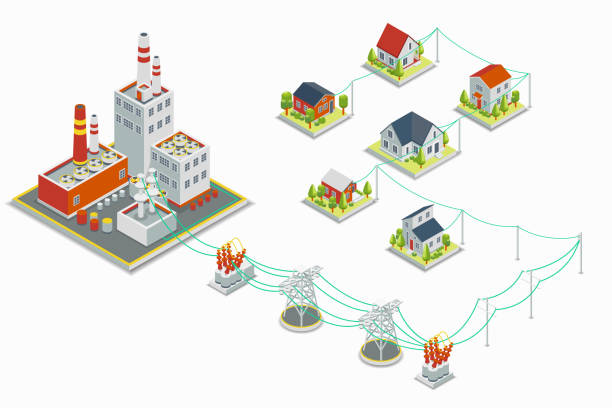 treibende kraft und elektrisierende energie vertrieb vektor-infografik. 3 d isometrische konzept - umspannwerk stock-grafiken, -clipart, -cartoons und -symbole