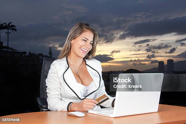 Business Woman Smiling At Computer With Credit Card E Commerce Stock Photo - Download Image Now