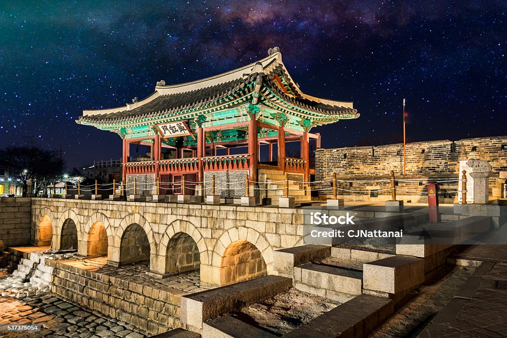 Hwaseong Fortressand Milky Way Galaxy in Seoul, South Korea Hwaseong Fortressand Milky Way Galaxy in Seoul, South Korea. Architecture Stock Photo