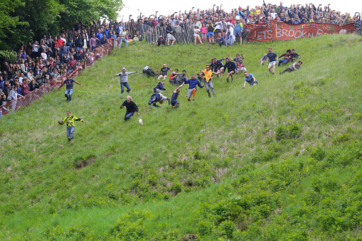 Brockworth, England - May 30, 2016: Entrants falling and tumbling over while chasing the cheese at the 2016 ‘Cheese Rolling’ held at Cooper’s Hill, in the Cotswolds. Every spring bank holiday Monday on the 1 in 2 gradient (Yes 1 in 2!) ‘Coopers Hill’ in the depths of the beautiful Gloucestershire countryside, the slightly ‘More Crazy’ people of not only Gloucestershire but the world gather to pit themselves against ‘The Cheese’. The atmosphere at the event is a true joy with everyone helping each other scale the steep hill. In the true tradition of British stiff upper lip and community spirit a small band of enthusiasts from Brockworth and surrounding area take it upon themselves to organise, control and marshall the event