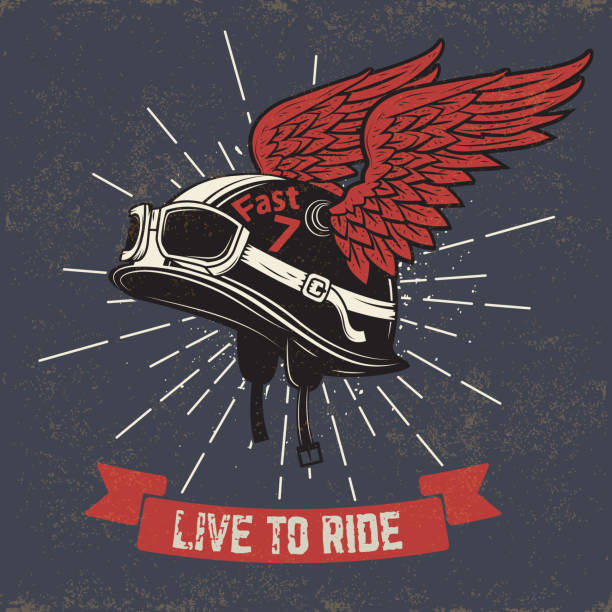 ilustraciones, imágenes clip art, dibujos animados e iconos de stock de vivo de viaje. motos casco con alas el trasfondo sucio - riding old old fashioned motion