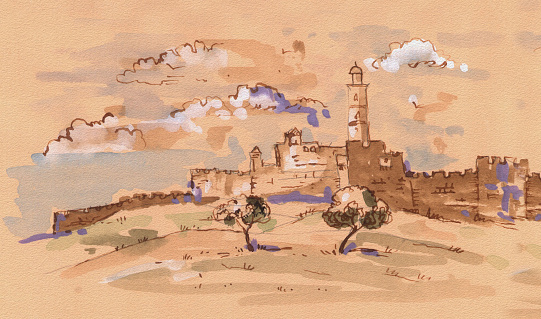 The tower of David in Jerusalem. Jerusalem old city landscape.  Watercolor Illustration. Vintage
