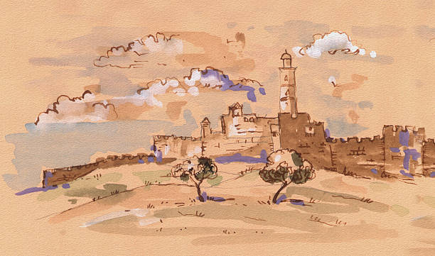 Jerusalem The tower of David in Jerusalem. Jerusalem old city landscape.  Watercolor Illustration. Vintage jerusalem stock illustrations