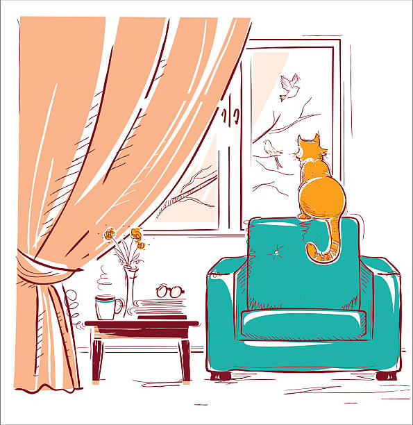 Czerwony Kot oglądania ptaków w pobliżu okna. Pokój wewnętrzny – artystyczna grafika wektorowa