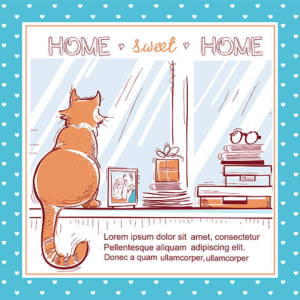 Domu Słodki domu,. Karta Windowsill z domu, miłości obiektów i czerwony kot. – artystyczna grafika wektorowa