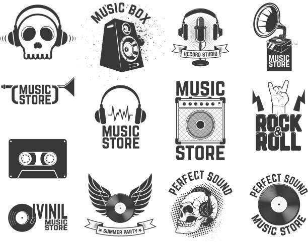 sada štítků obchodu s hudbou. návrhové prvky pro logo, štítek, - rocková hudba hudební styl stock ilustrace