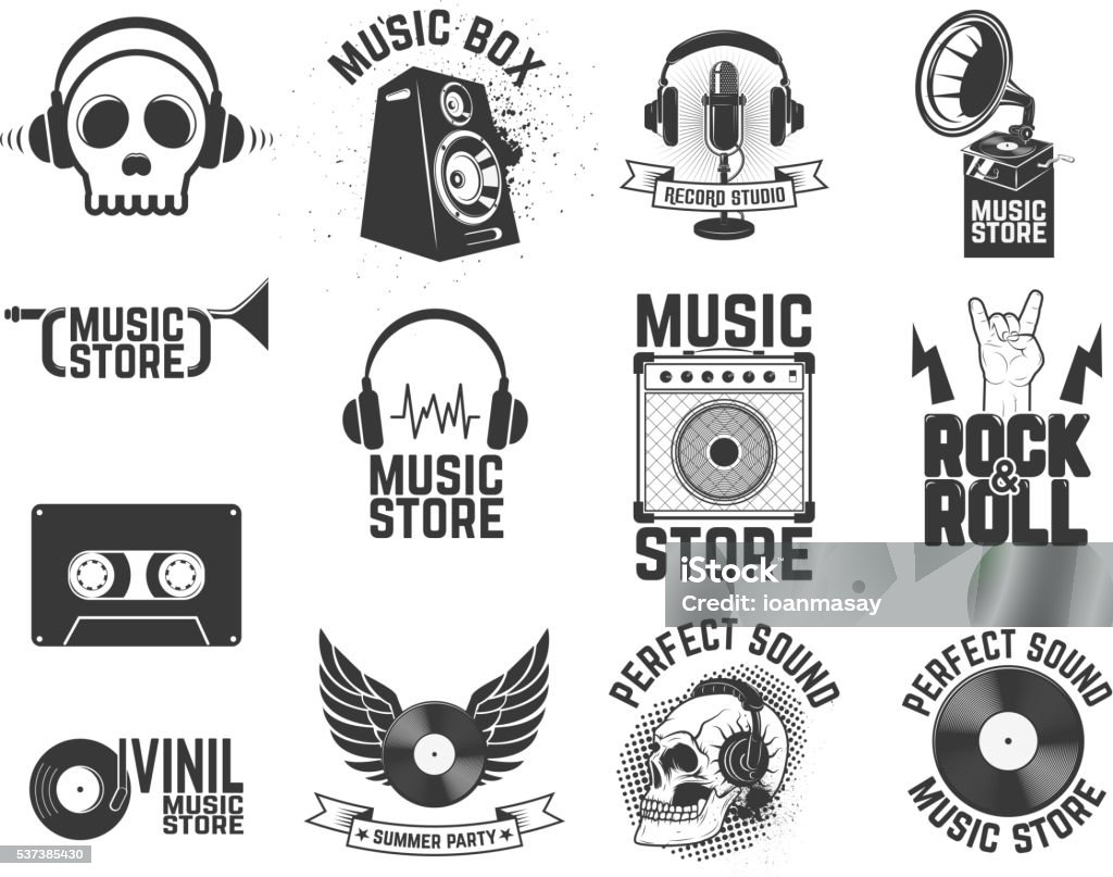 Set of  music store labels. Design elements for logo, label, Set of  music store labels. Design elements for logo, label, emblem, sign, badge. Vector illustration Speaker stock vector