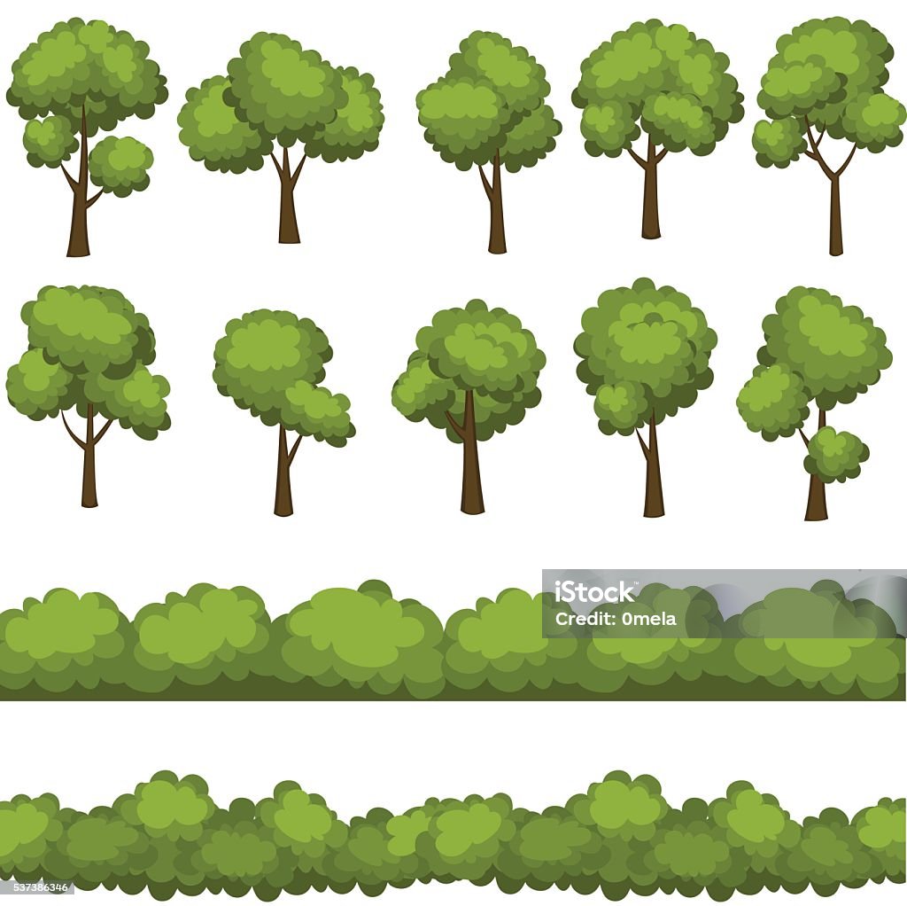 Set of funny cartoon trees and green bushes. Vector illustration. Bush stock vector