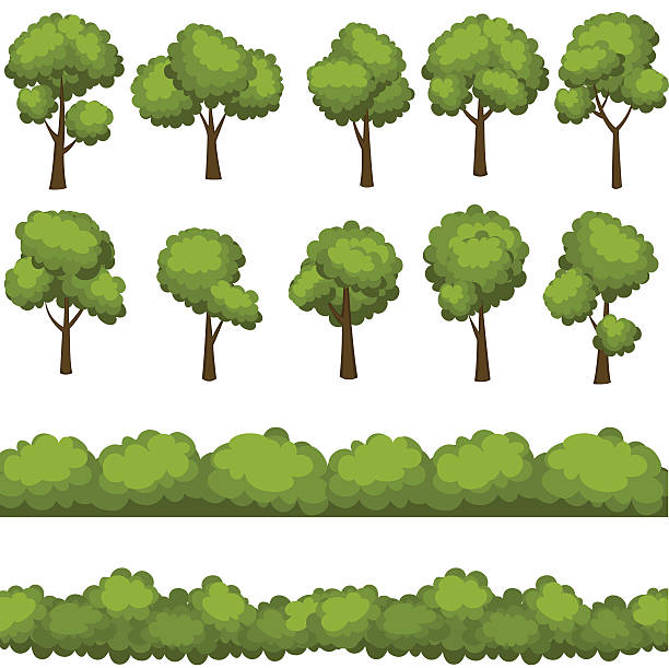 Set Of Funny Cartoon Trees And Green Bushes Vector Illustration Stock  Illustration - Download Image Now - iStock