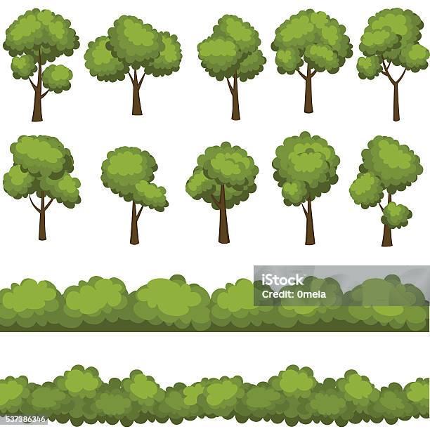 Set Of Funny Cartoon Trees And Green Bushes Vector Illustration Stock Illustration - Download Image Now