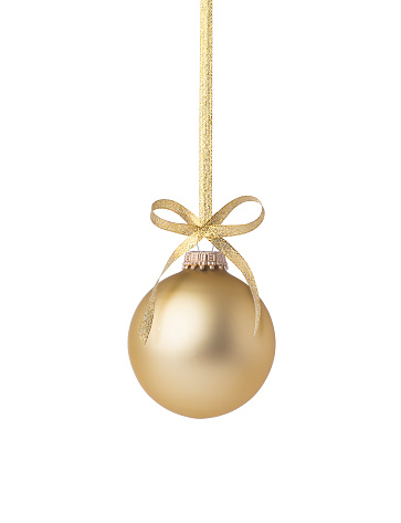 A perfect golden holiday ornament ganging on a gold metallic ribbon. Adorned with a perfectly tied golden bow and isolated on white.