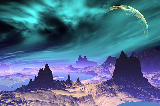 istock 3D rendered fantasy alien planet. Rocks and lake 537389223