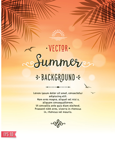 Tropical summer vacation background with summer sky, sun rays, palm leaves and text.File is layered with global colors.Only gradients and blur(clouds) used.Hi res jpeg without text included.Fonts used: Jack and Zoe Font Collection. More works like this linked below.