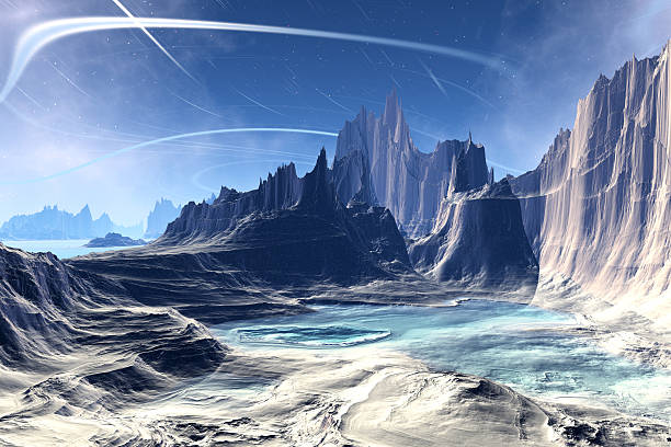 istock 3D rendered fantasy alien planet. Rocks and lake 537389857