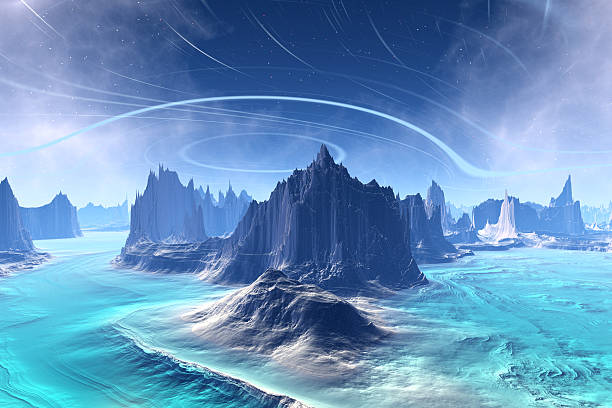 istock 3D rendered fantasy alien planet. Rocks and lake 537389863