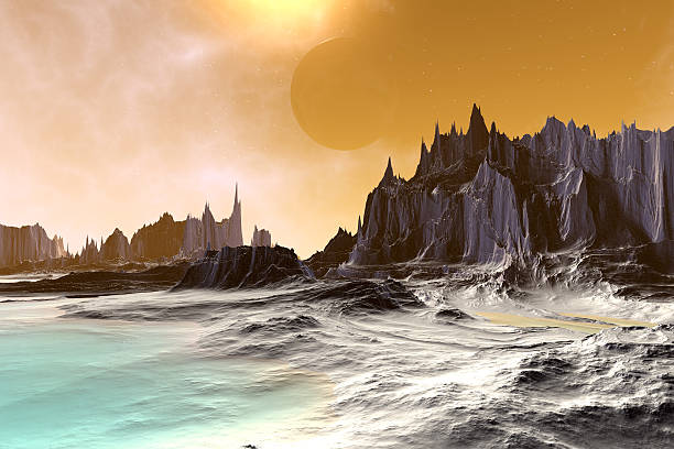 istock 3D rendered fantasy alien planet. Rocks and lake 537389865