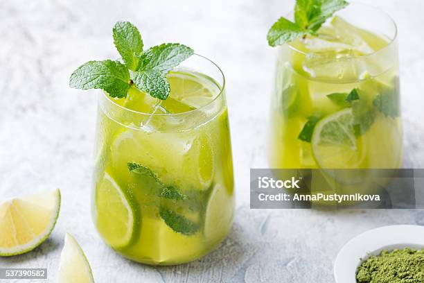Matcha Iced Green Tea With Lime And Fresh Mint Stock Photo - Download Image Now - Mint Leaf - Culinary, Mojito, Tea - Hot Drink