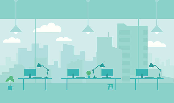 ilustraciones, imágenes clip art, dibujos animados e iconos de stock de ventana de oficina con vista de la ciudad. área de trabajo - oficina