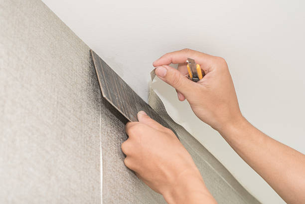istock Handyman putting up wallpaper on the white walls 537391156