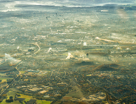 Aerial view of Ruhr district, city of Essen with coal mine, cokery and several other factories