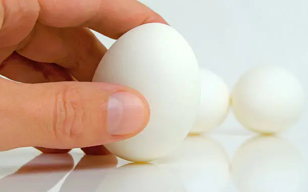Hand holding an egg and egg in the background.