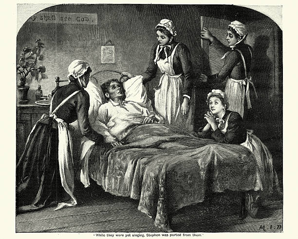 Victorian nurses caring for a dying man Vintage engraving of Victorian nurses caring for a dying man suffering from Tuberculosis 19th century stock illustrations