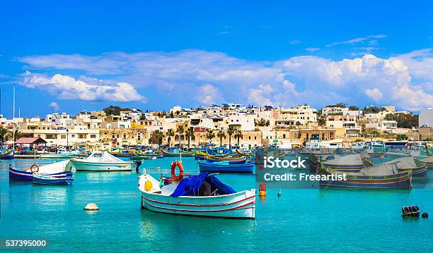 Beautiful Marsaxlokk Village Malta Europe Stock Photo - Download Image Now - Adulation, Archipelago, Blue