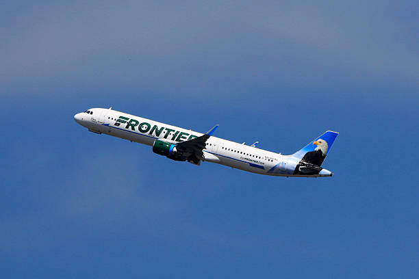 Frontier Airlines A321 taking off at Charlotte Douglas International Airport stock photo