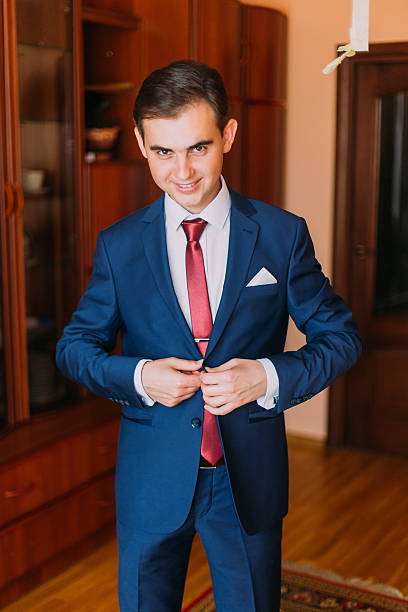 istock Handsome luxury dressed man in stylish blue suit with buttoning 537398028