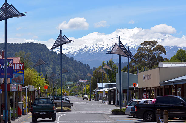 Tongariro National Park - Ohakune National Park, New Zealand - December 08, 2014: Main street of Ohakune. Ohakune is a rural service town and a base for skiers using the Turoa skifield. on the southwestern slopes of the active volcano Mount Ruapehu. tongariro national park photos stock pictures, royalty-free photos & images