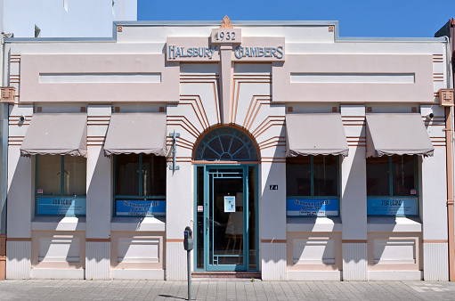 Napier, New Zealand - December 03, 2014: Halsbury Chambers building in Napier. It's a popular tourist city with a unique 1930s Art Deco architecture, built after the city was razed in the 1931 Hawke's Bay earthquake.