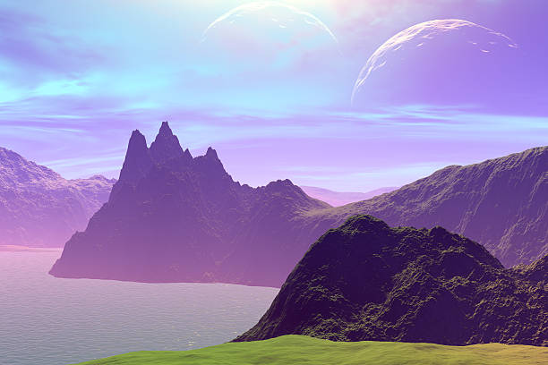istock 3D rendered fantasy alien planet. Rocks and lake 537400795