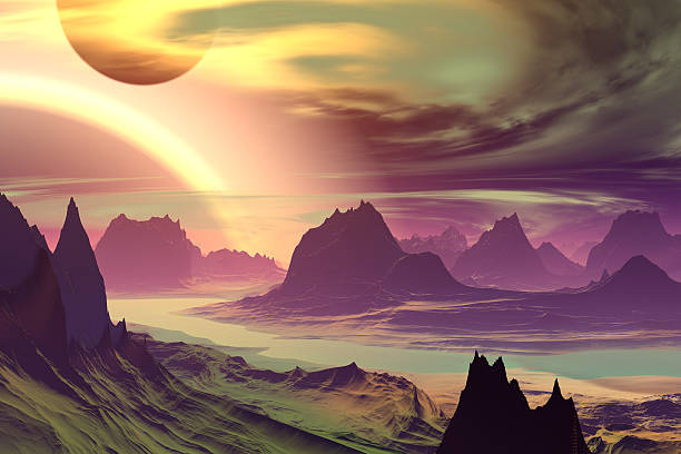 istock 3D rendered fantasy alien planet. Rocks and lake 537401629