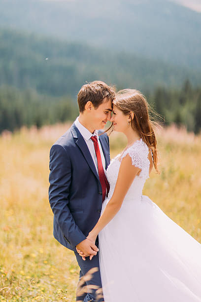 istock Happy young newlyweds on sunny field with forest background 537402382