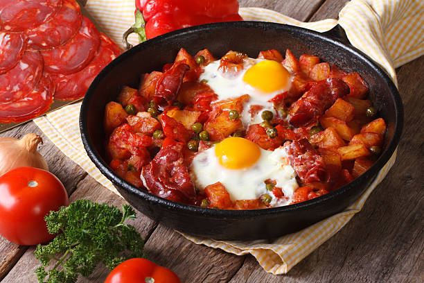 istock Fried eggs with chorizo on Flemish recipe in the pan 537403249