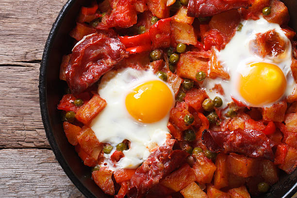 istock Fried eggs with chorizo in pan closeup. horizontal top view 537403295