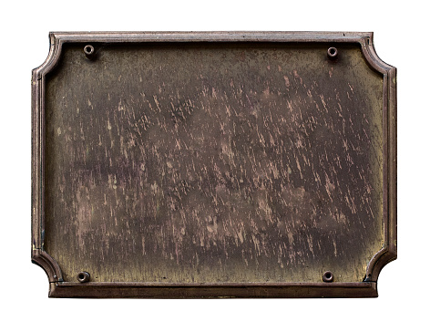 Old plaque isolated on white background. Dirty and destroyed. Blank ready to insert any text. Clipping path included