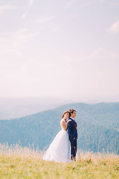 istock Young romantic wedding couple posing on sunny grass field with 537404522
