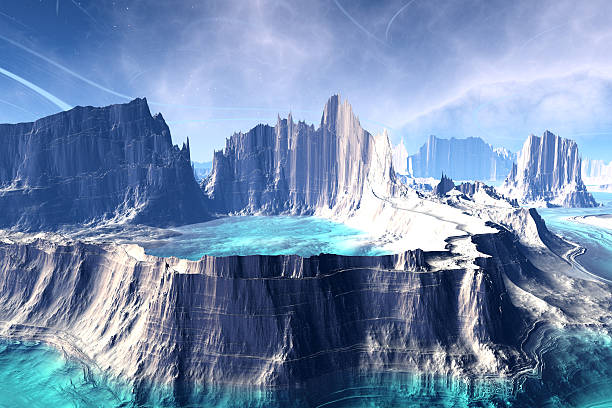 istock 3D rendered fantasy alien planet. Rocks and lake 537406387