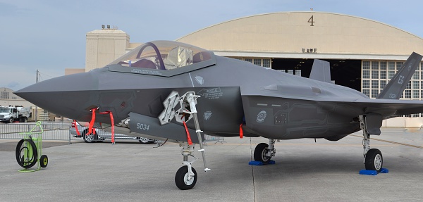 Tampa, USA - March 18, 2016: A U.S. Air Force F-35 Joint Strike Fighter (Lightning II) jet on the flightline at MacDill Air Force Base. This F-35 is assigned to the 33rd Fighter Wing from Eglin Air Force Base.