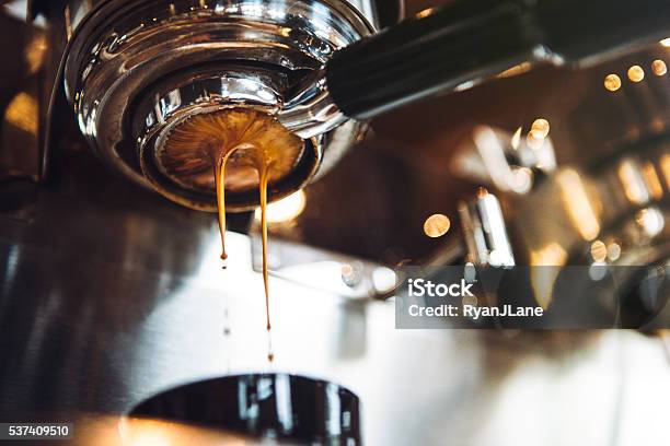 Espresso Machine Pulling A Shot Stock Photo - Download Image Now - Coffee - Drink, Espresso, Coffee Shop