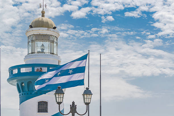 Guayaquil, Ecuador - October 29, 2015: Low angle view of lighthouse at the top of a hill at Cerro Santa Ana in Guayaquil, Ecuador.