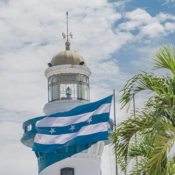 Low angle view of lighthouse at the top of a hill at Cerro Santa Ana in Guayaquil, Ecuador.