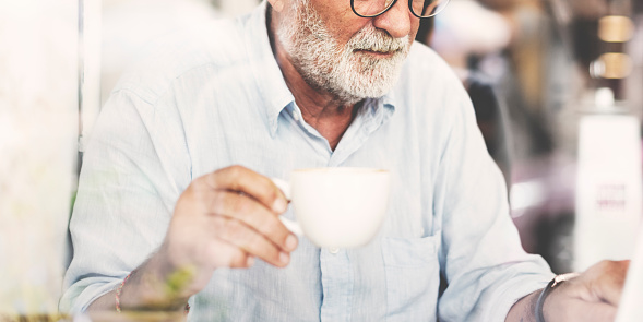 Senior Man Writing Working Coffee Shop Realxation Concept